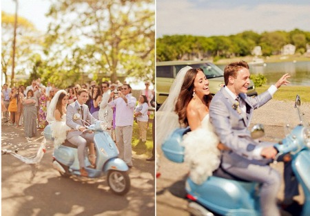 bride-and-groom-on-vespa-scooter | 123WeddingCards