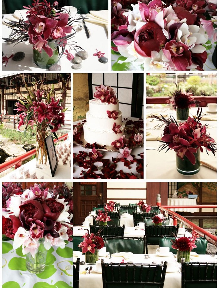 Burgundy coloured flowers as decoration