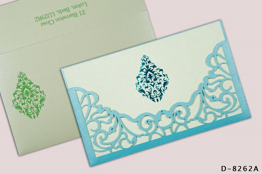 BLUE SHIMMERY DAMASK THEMED - LASER CUT WEDDING INVITATIONS D-8262A