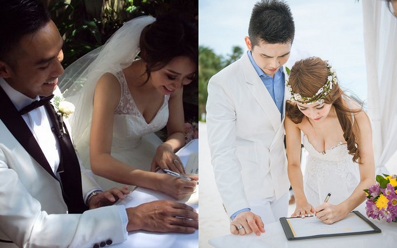Couple's signing their marriage certificate - 123WeddingCards