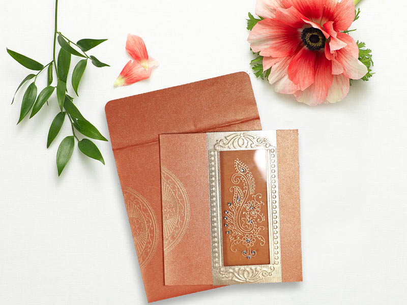 ORANGE SHIMMERY PAISLEY THEMED - FOIL STAMPED WEDDING INVITATIONS IN-8230T