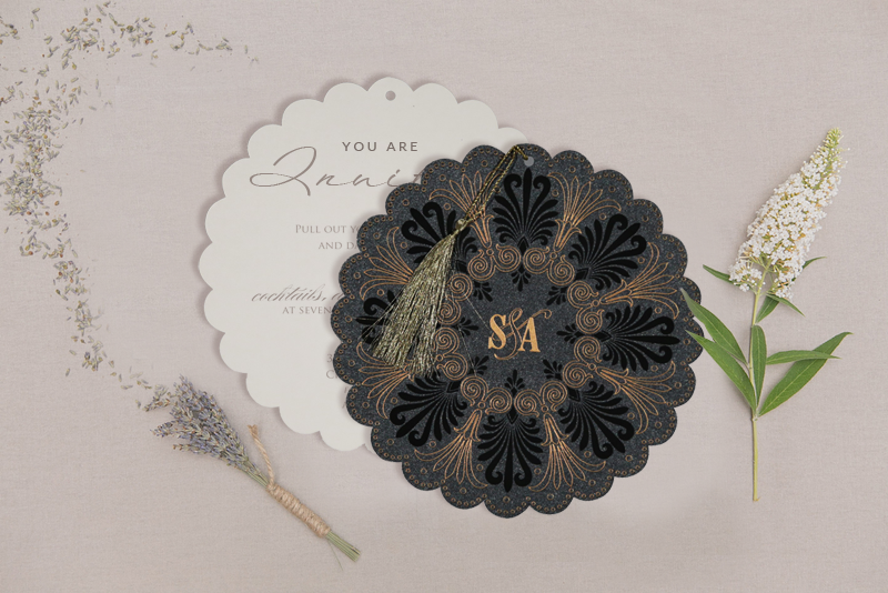 BLACK SHIMMERY FLORAL THEMED - EMBOSSED WEDDING CARD D-8238D from 123WeddingCards