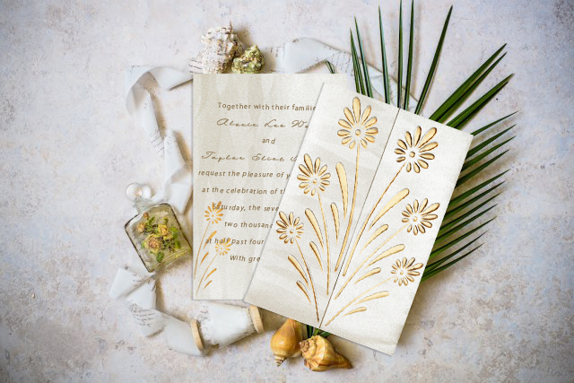 IVORYCREAM SHIMMERY FLORAL THEMED - EMBOSSED WEDDING CARD D-1378 - from 123WeddingCards