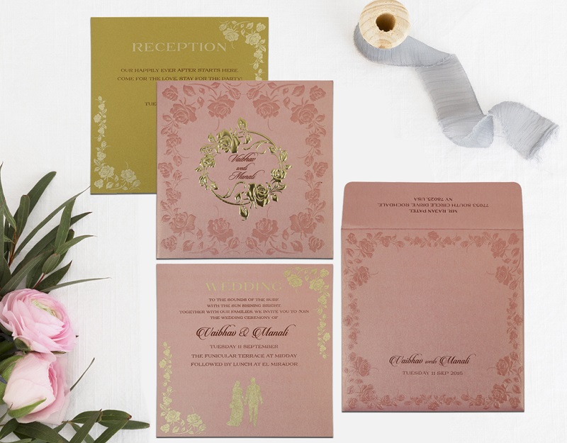 PINK SHIMMERY FLORAL THEMED - FOIL STAMPED WEDDING INVITATION D-1787 by 123WeddingCards