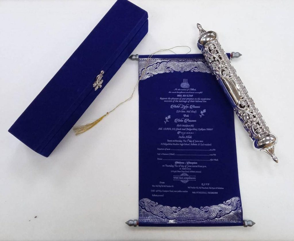 Royal Blue Scroll Invite With Silver Tube